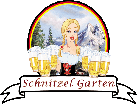SG_Logo_500x300 Illustration of a smiling blonde woman in traditional dress, serving beer, with mountains in the background and "schnitzel garten" text banner.